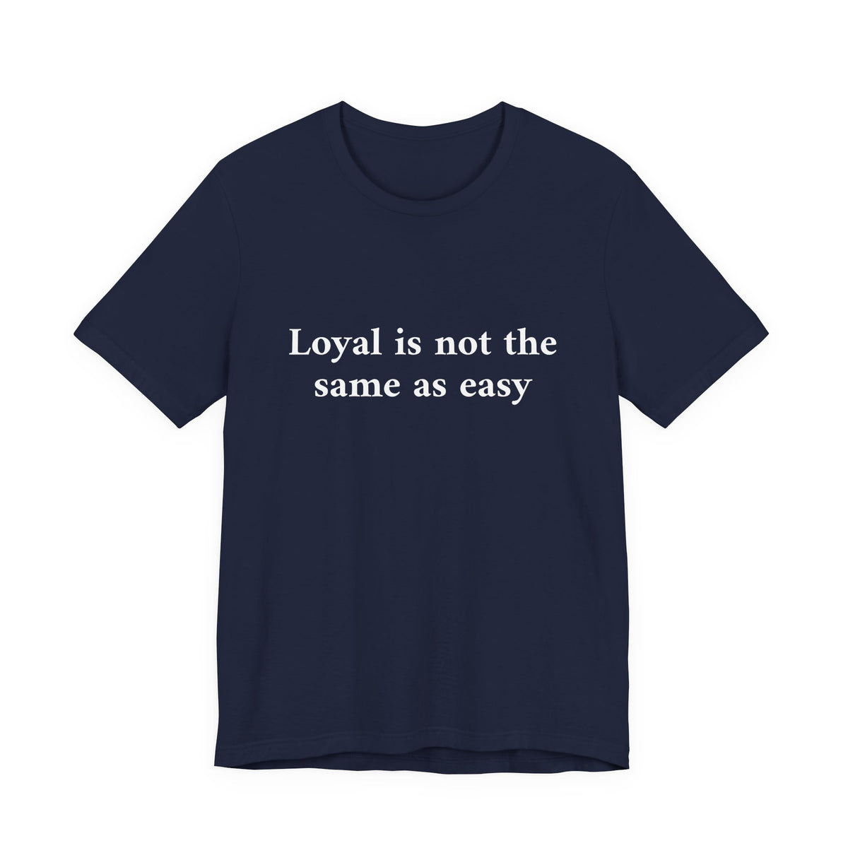 Black t-shirt with white text on a white background