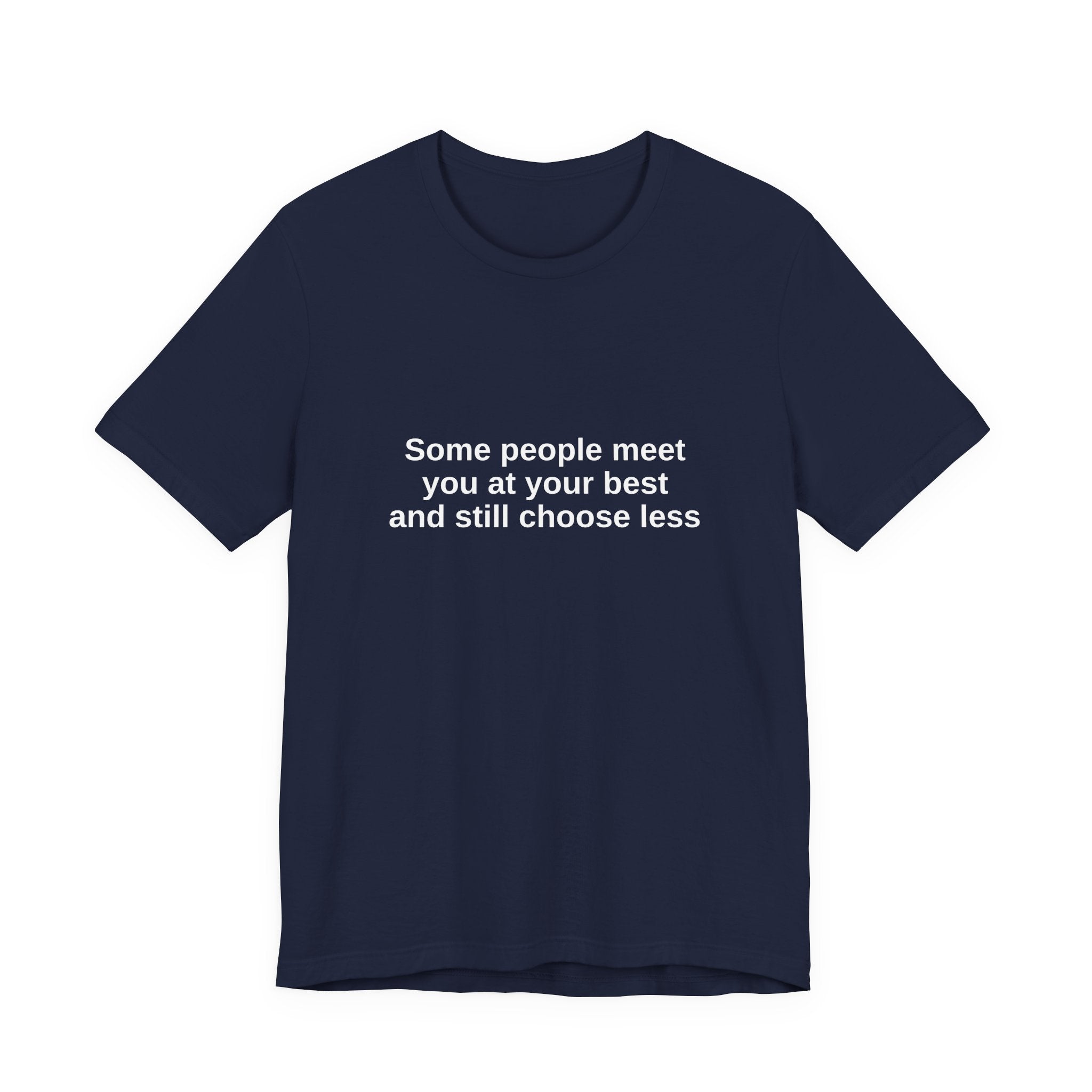 Black t-shirt with white and gold graphic design on a white background