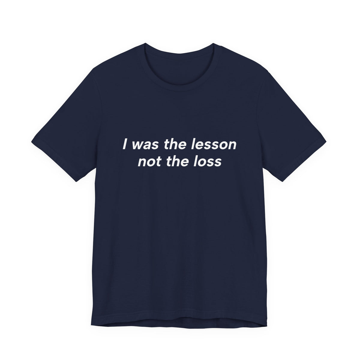 Black t-shirt with white graphic and text on a white background