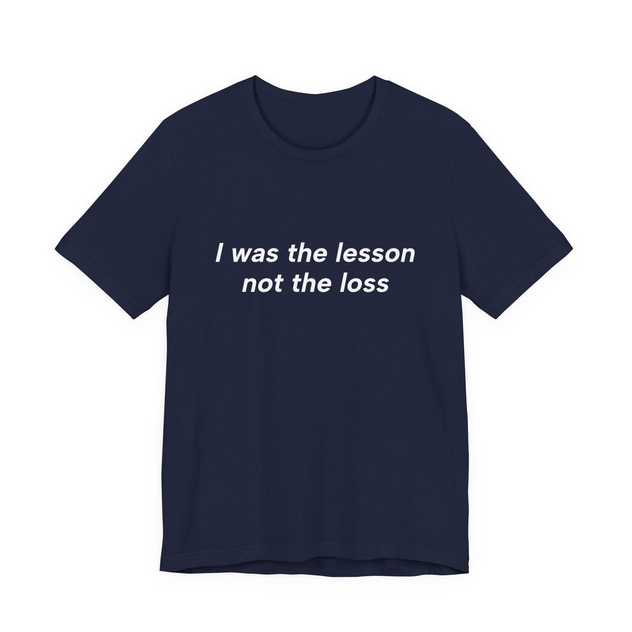 Black t-shirt with white graphic and text on a white background