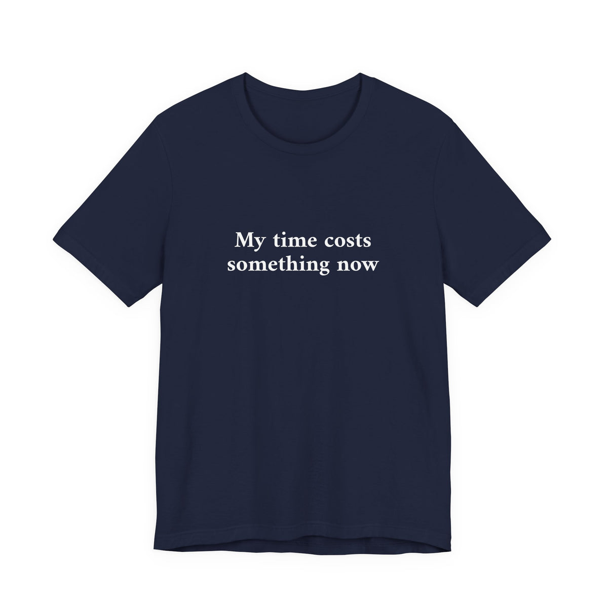 Navy blue t-shirt with a graphic design on a white background