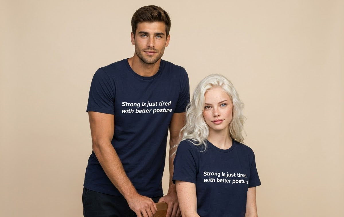 A man and a woman wearing matching navy blue t-shirts with the white printed text 'Strong is just tired with better posture' pose together against a solid beige background.