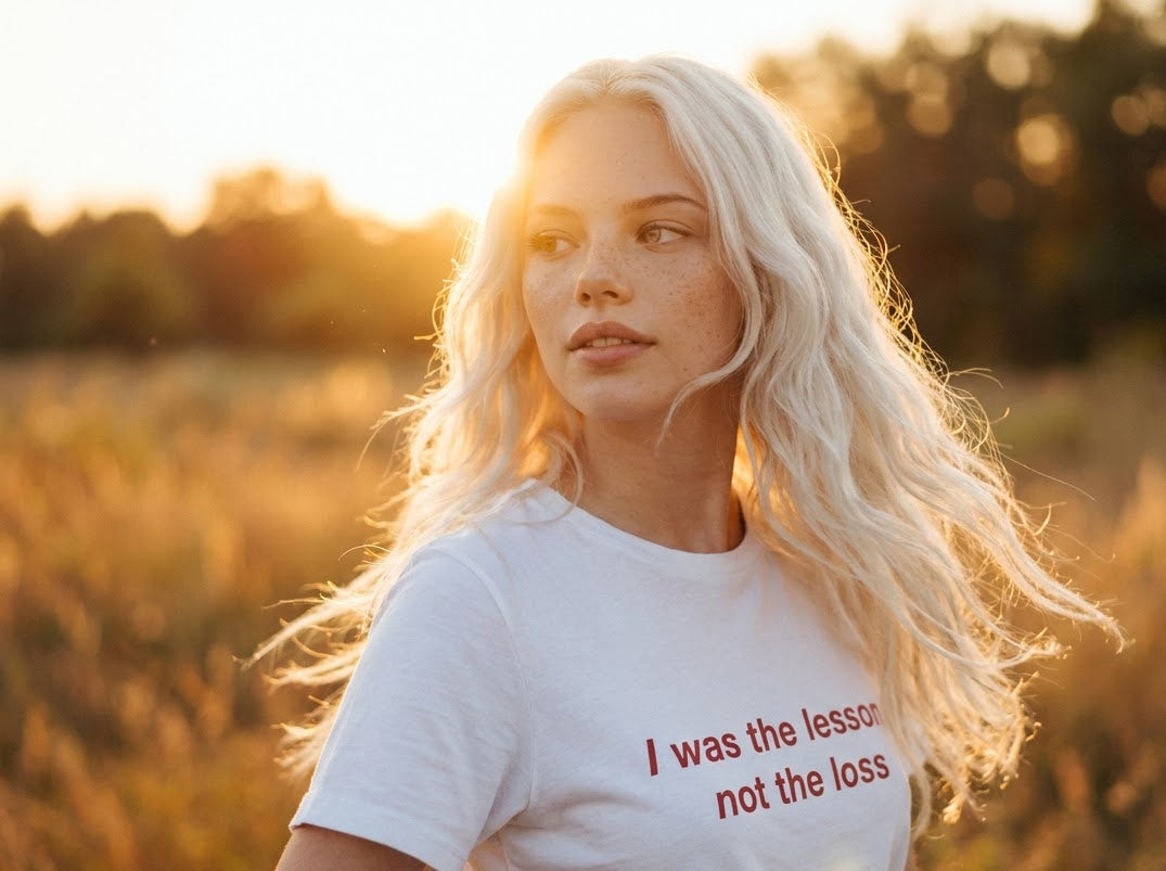 A blonde woman standing in a sunlit field, wearing a white T-shirt with the printed phrase 'I was the lesson not the loss' in red text.