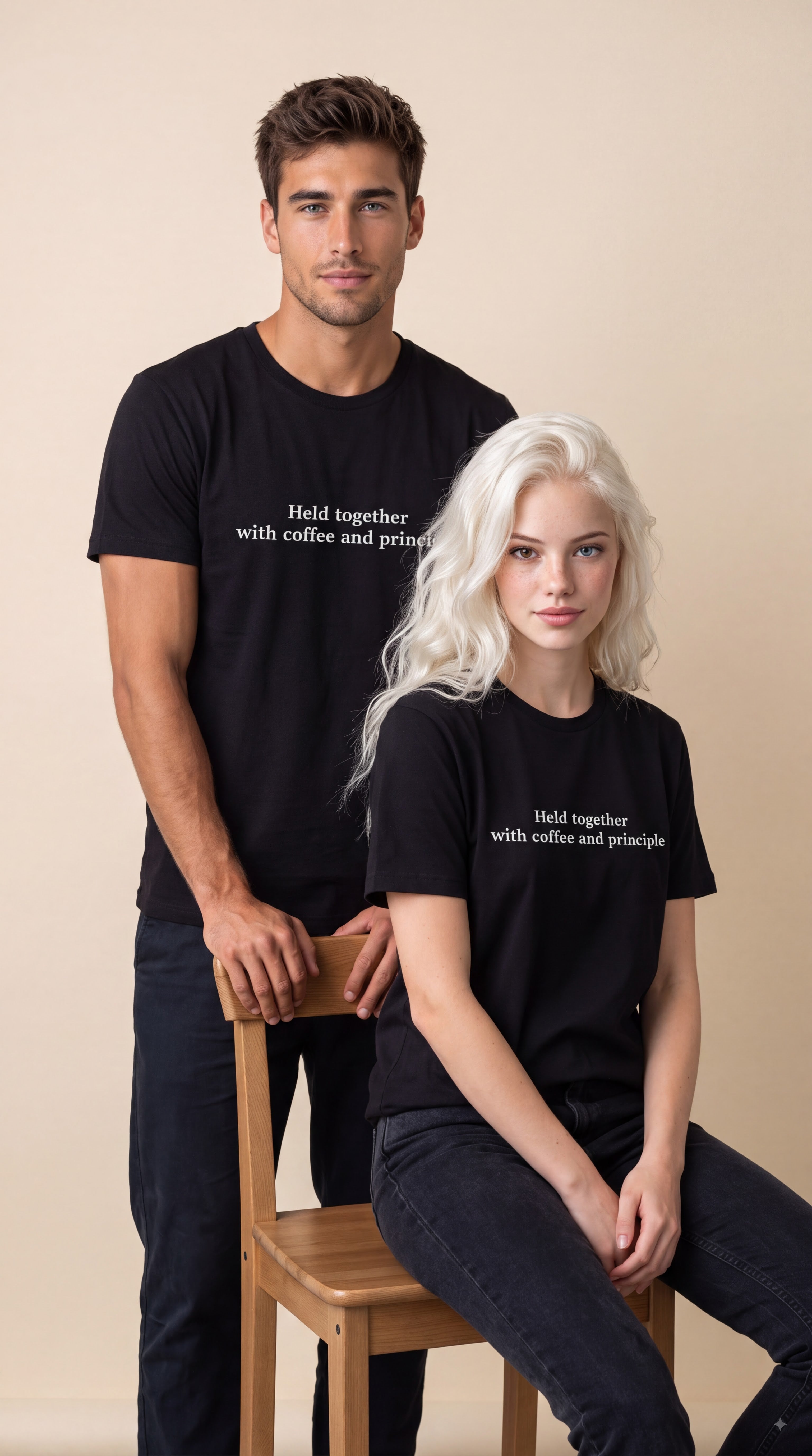 A man and a woman modeling matching black graphic t-shirts with white text that reads 'Hold together with coffee and principle.' The man stands behind the woman, who is seated on a wooden chair, against a plain beige studio background.