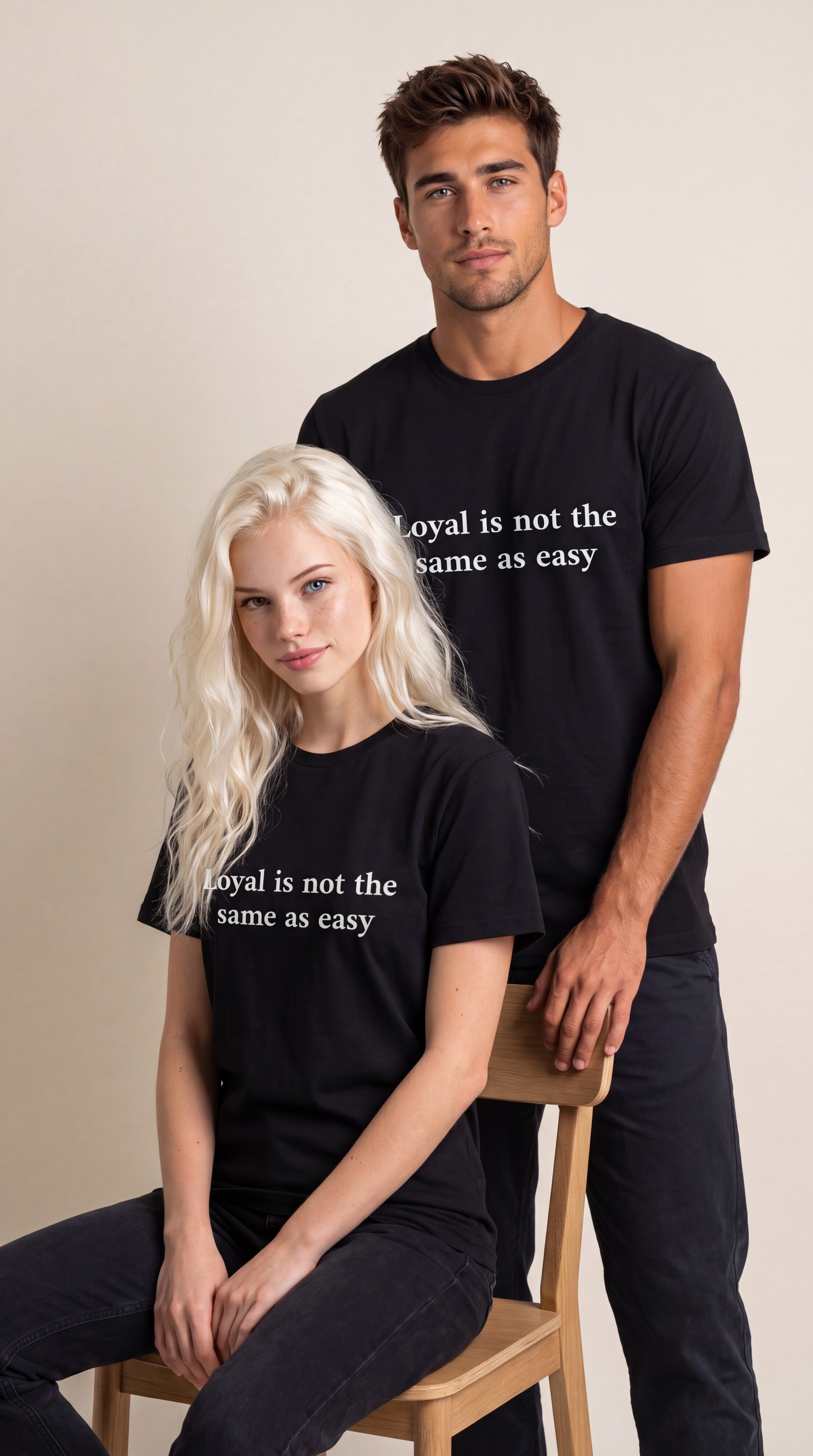 A man and a woman modeling matching black graphic t-shirts with the white printed text 'loyal is not the same as easy'. The woman sits on a wooden chair while the man stands behind her against a plain beige studio background.