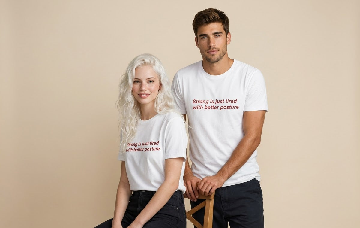 A man and a woman modeling matching white graphic t-shirts with the red printed text 'Strong is just tired with better posture'. The woman sits on a wooden chair while the man stands behind her against a solid beige studio background.