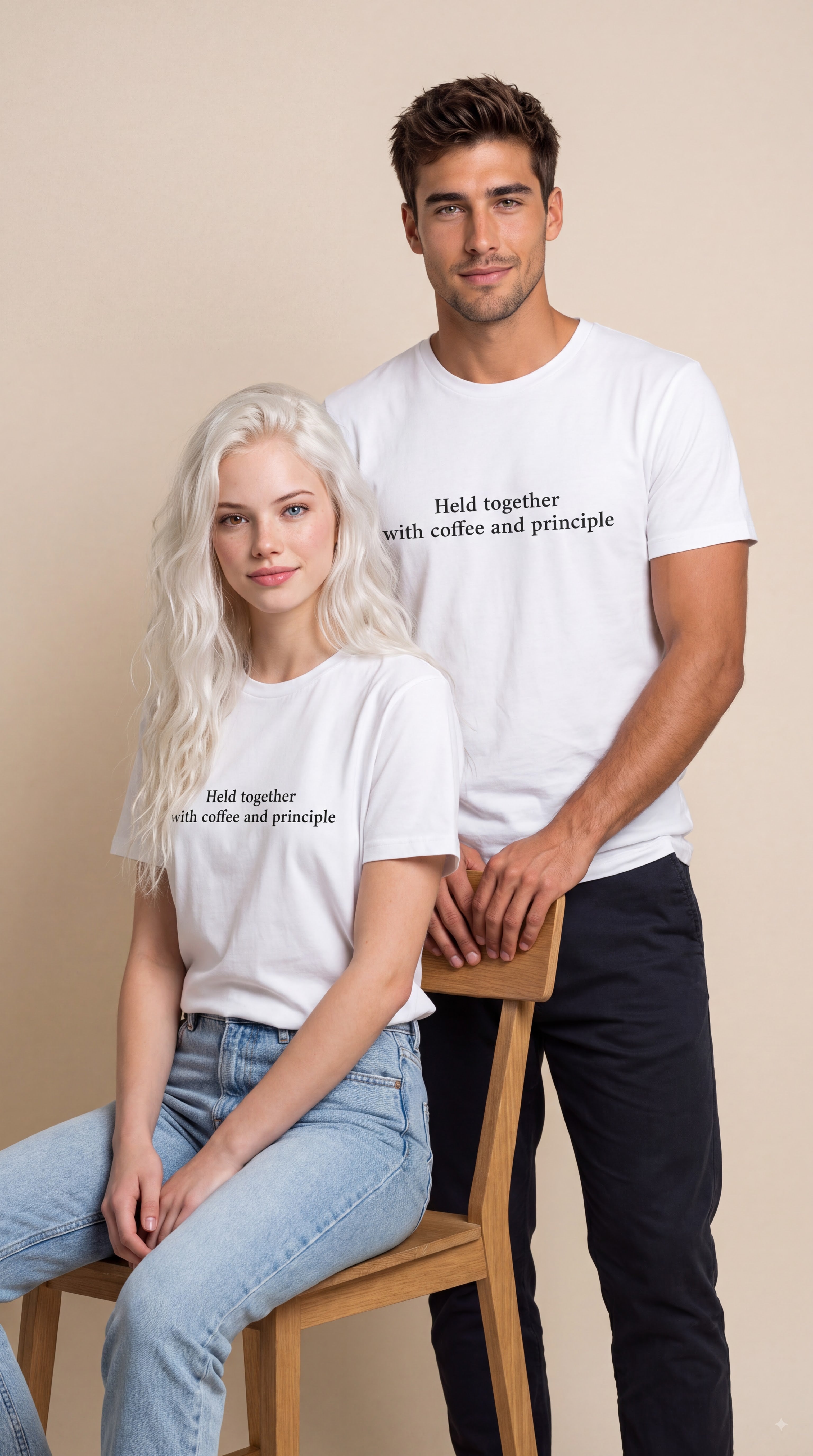 A man and a woman modeling matching white graphic t-shirts with the printed text 'Hold together with coffee and principle' against a solid beige studio background.