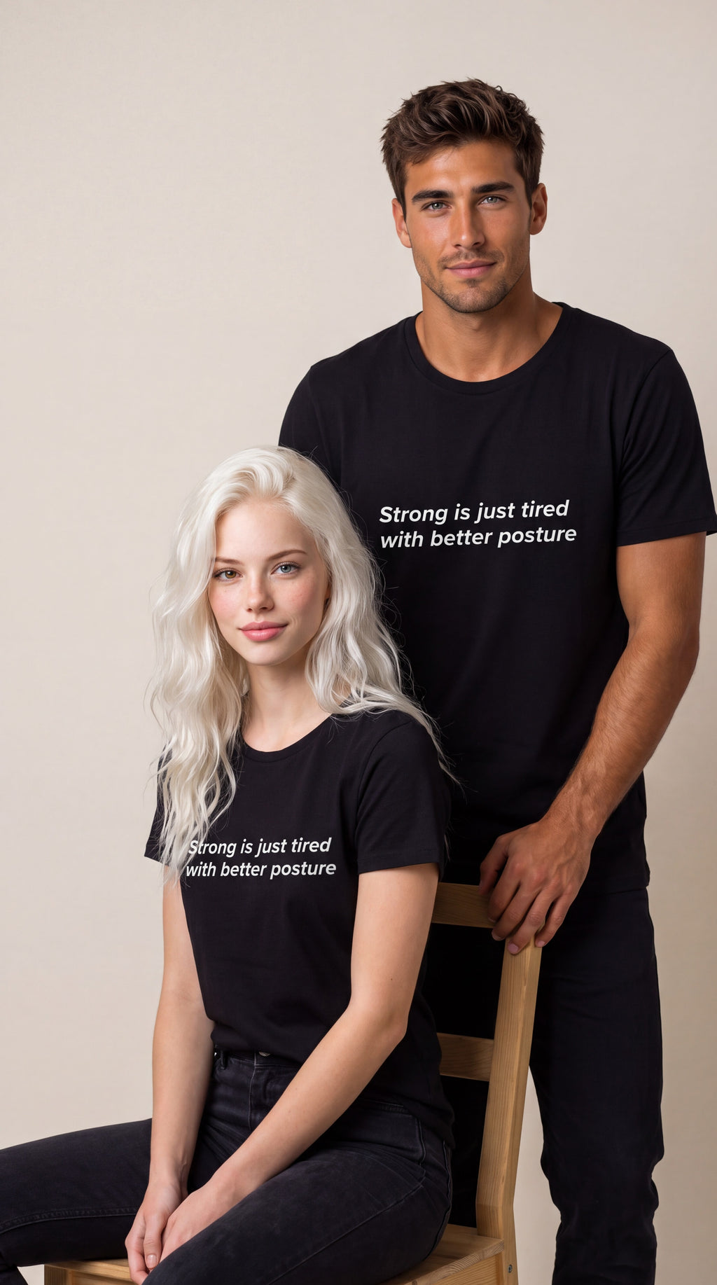 Two models wearing matching black graphic t-shirts with the white printed text 'Strong is just tired with better posture', posed against a neutral beige background.