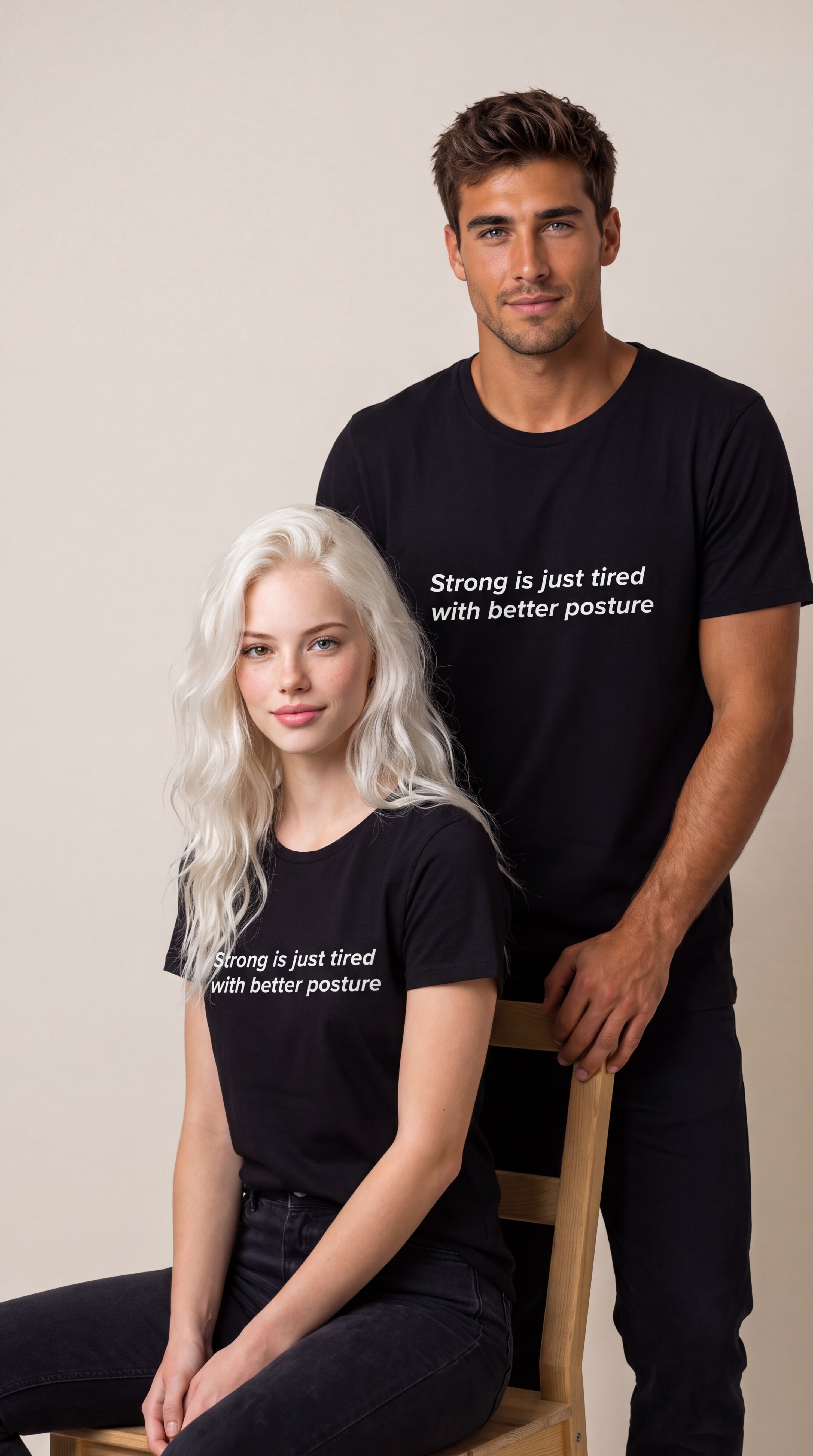 Two models wearing matching black graphic t-shirts with the white printed text 'Strong is just tired with better posture', posed against a neutral beige background.