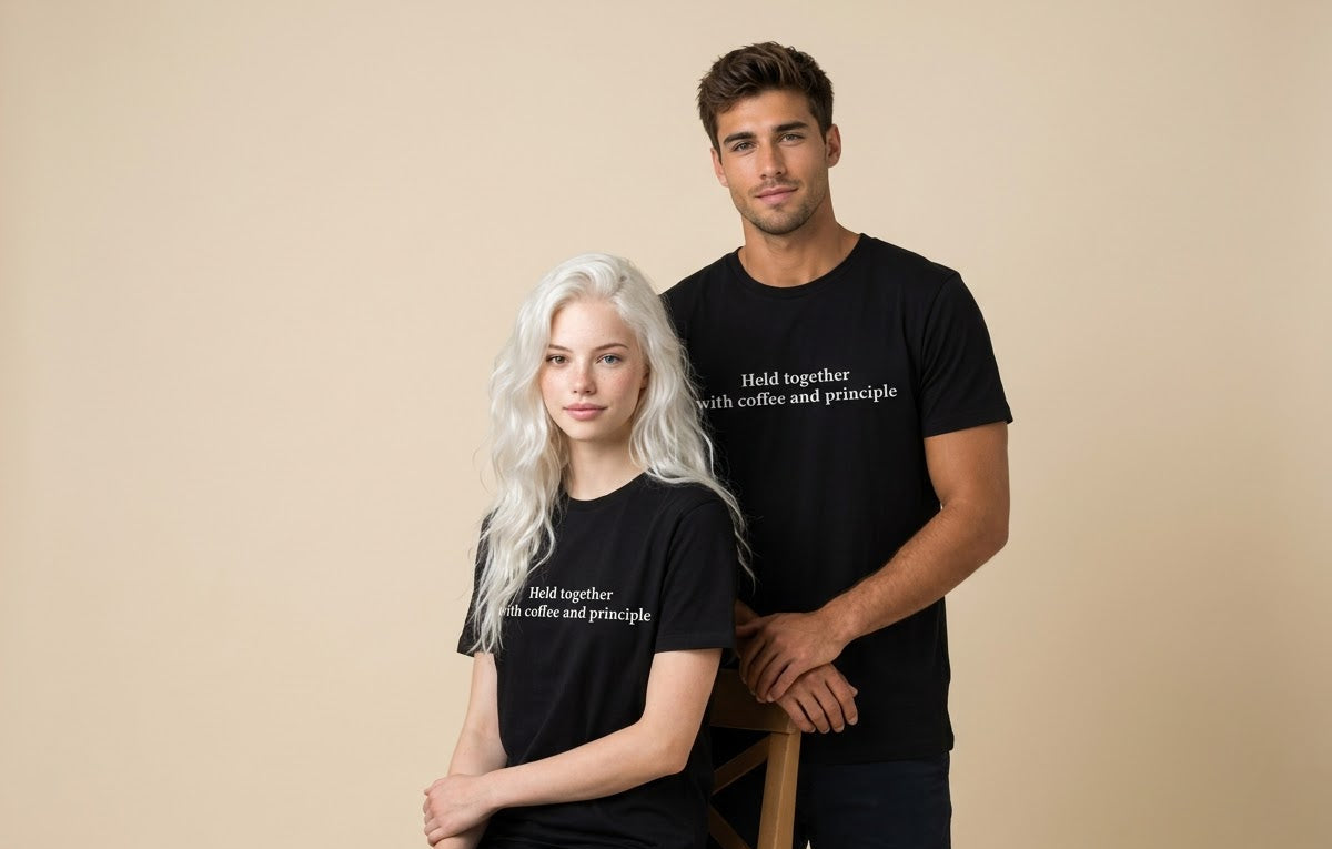A man and a woman pose together wearing matching black graphic t-shirts with white text that reads 'Hold together with coffee and principle'. The woman is seated on a wooden chair, and the man stands behind her against a solid beige studio background.