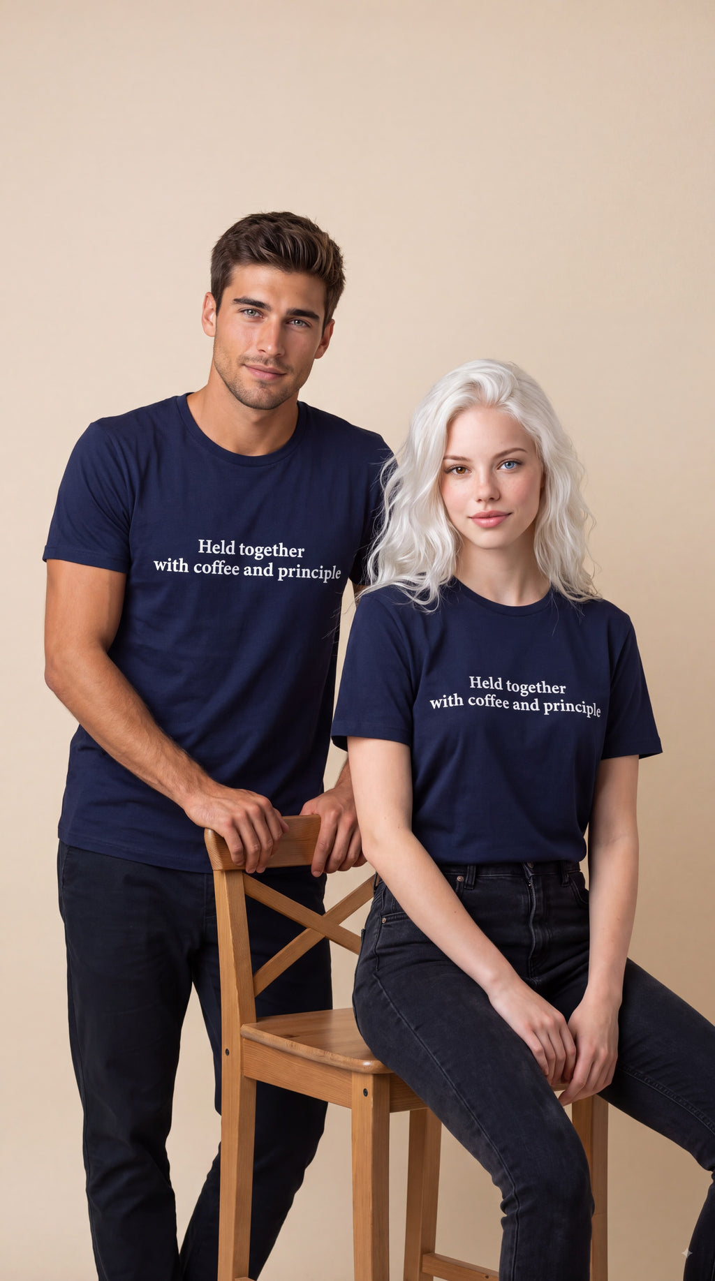 A man and a woman wearing matching navy blue graphic t-shirts with the white printed text 'Hold together with coffee and principle.' The man stands behind a wooden chair while the woman sits on it, against a solid beige studio background.