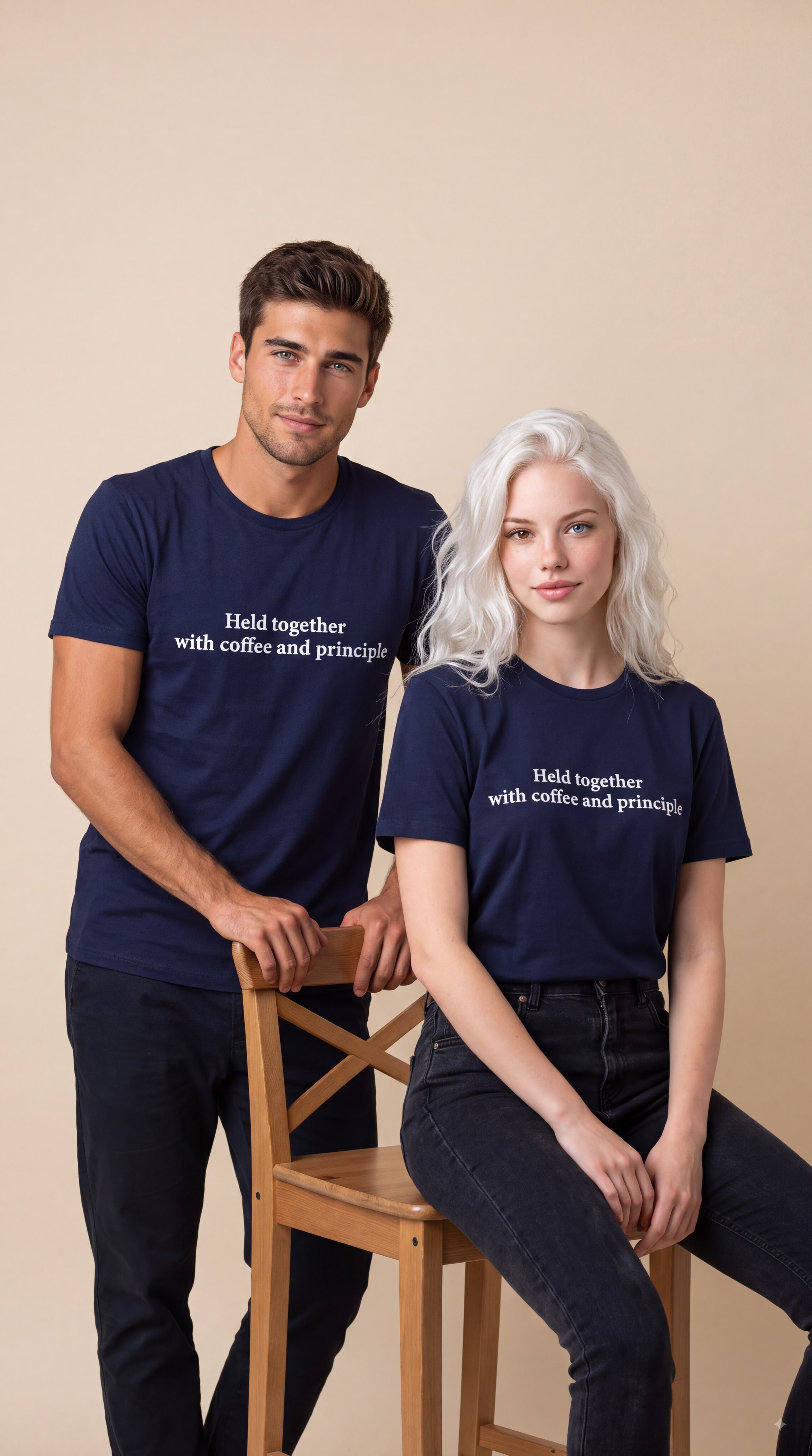 A man and a woman wearing matching navy blue graphic t-shirts with the white printed text 'Hold together with coffee and principle.' The man stands behind a wooden chair while the woman sits on it, against a solid beige studio background.