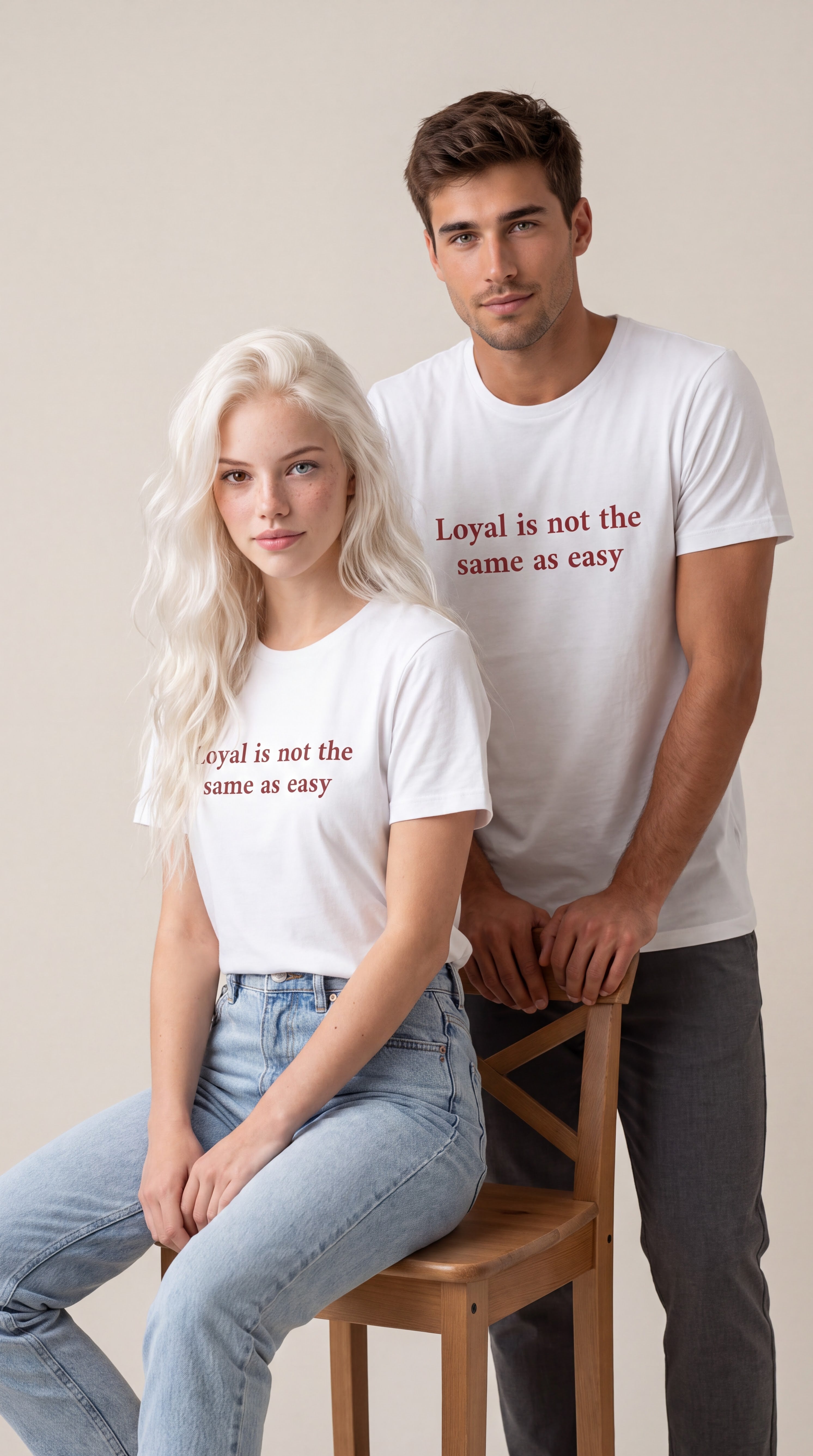 A man and a woman modeling matching white graphic t-shirts with the red printed text 'Loyal is not the same as easy'. The woman is seated on a wooden chair, and the man stands behind her against a plain beige studio background.