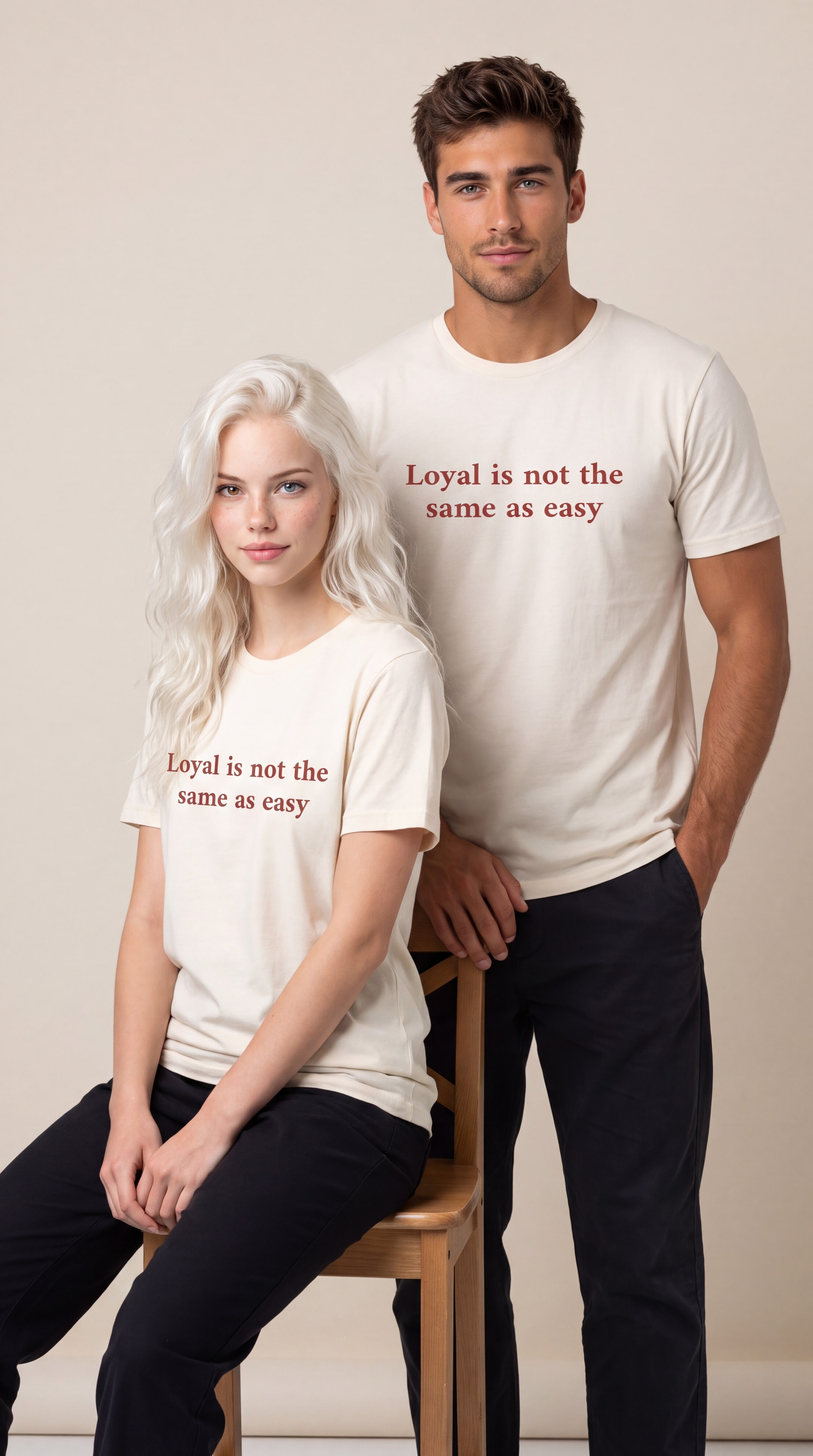 A man and a woman modeling matching cream-colored t-shirts with the text 'Loyal is not the same as easy' printed in a reddish-brown serif font. The man stands behind the woman, who is seated on a wooden chair, against a plain beige studio background.