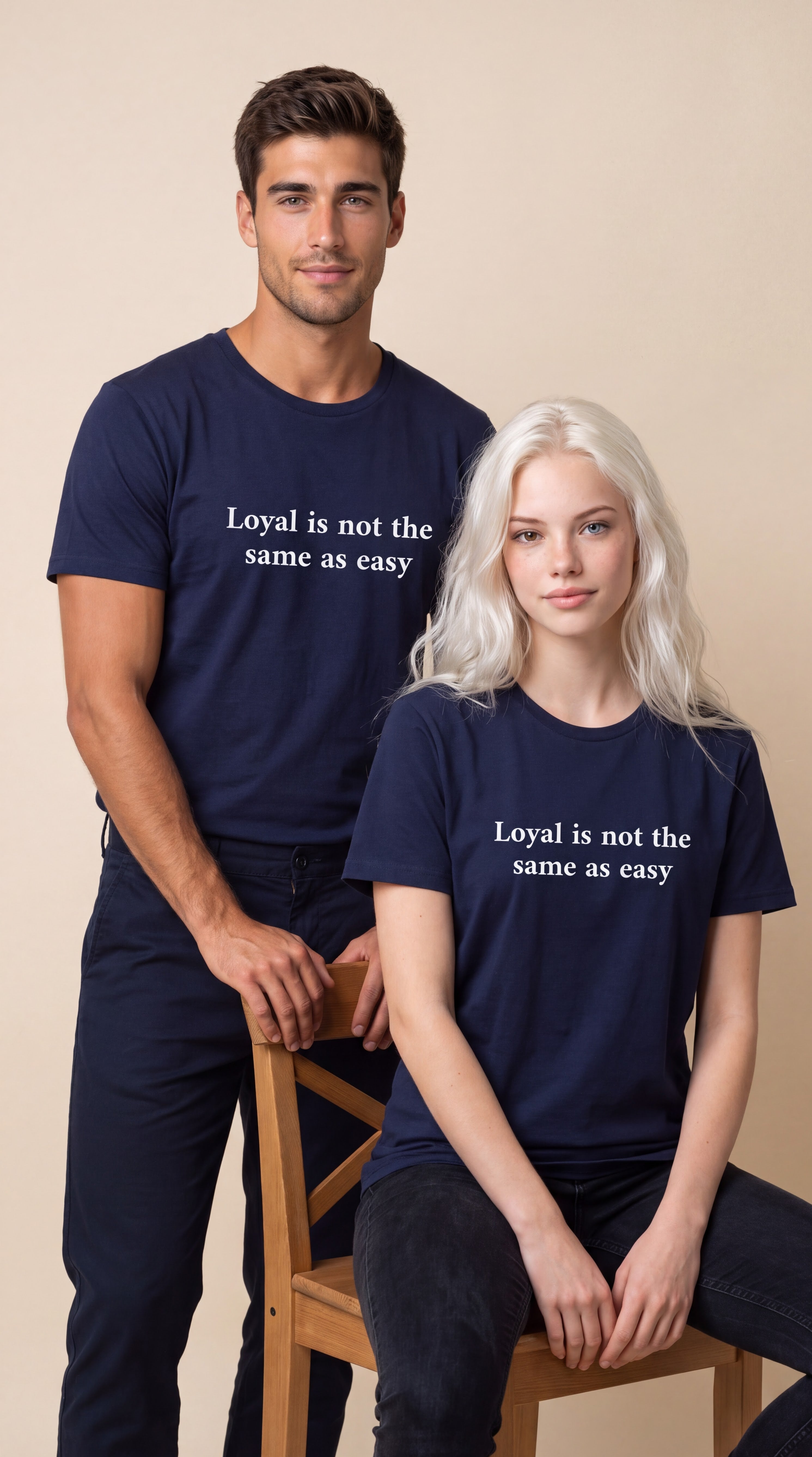 Two models wearing matching navy blue t-shirts with the white printed text 'Loyal is not the same as easy', posed against a solid beige background.