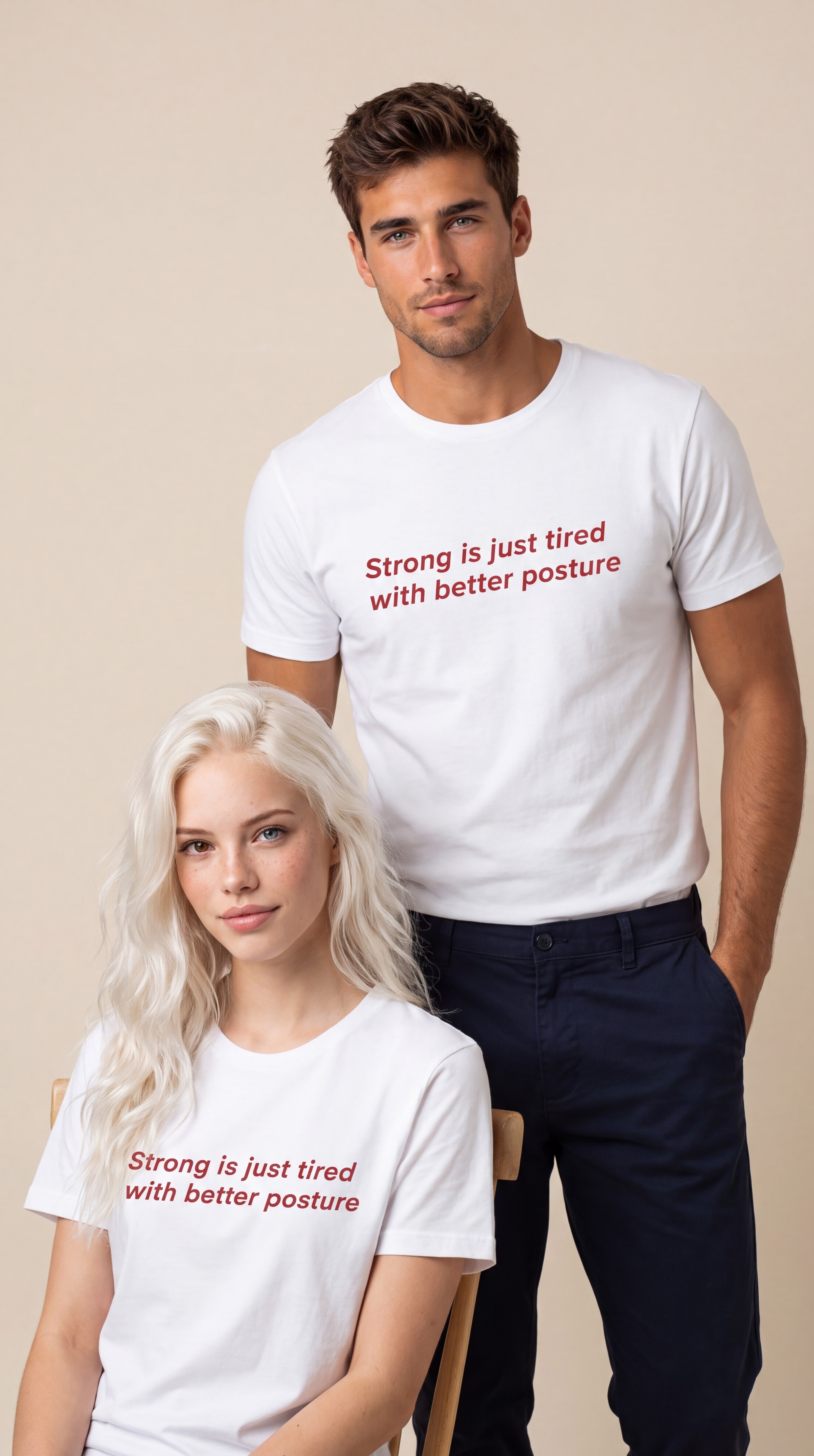 Two models wearing matching white graphic t-shirts with the red printed text 'Strong is just tired with better posture' against a solid beige studio background.