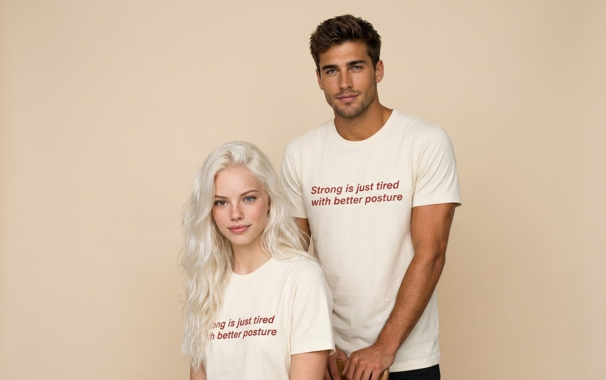 A man and a woman modeling matching cream-colored t-shirts with red text that reads 'Strong is just tired with better posture'. The man stands behind the woman against a solid beige studio background.