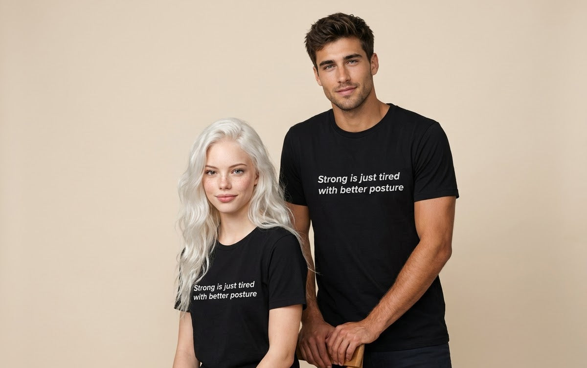 A man and a woman wearing matching black graphic t-shirts with the white printed text 'Strong is just tired with better posture', posed against a solid beige studio background.