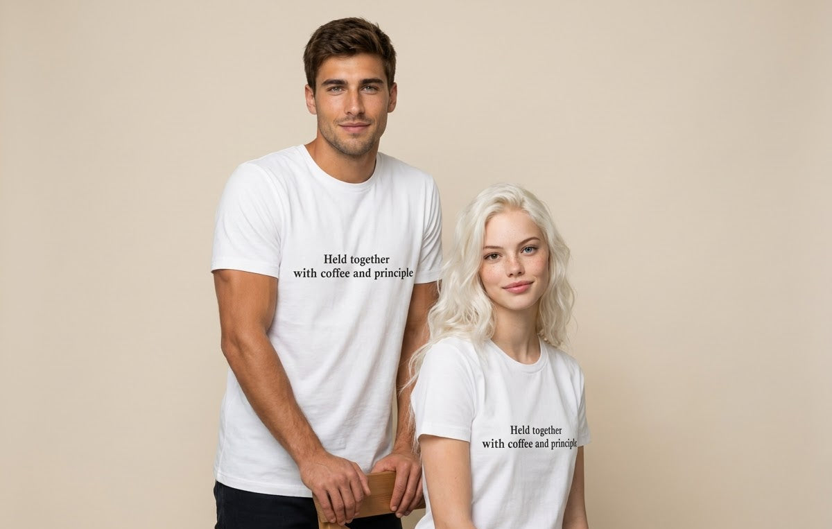 A man and a woman wearing matching white graphic t-shirts with the black printed text 'Hold together with coffee and principle', posed against a solid beige studio background.