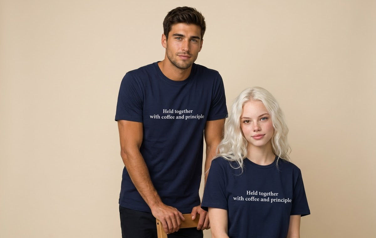 A man and a woman wearing matching navy blue t-shirts with the white printed text 'Hold together with coffee and principle', posed against a solid beige studio background.